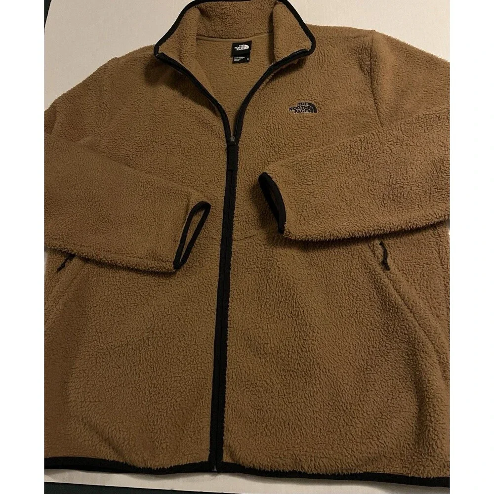 North Face Sherpa Fleece Jacket Full Zip Coat XL Pocket Tan Brown Hiking Outdoor